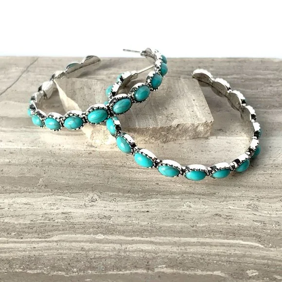 NEW ~ Free People Turquoise Stone "Buckaroo Hoops" Silver Earrings - Picture 4 of 16